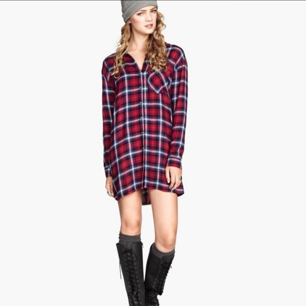 🩵H&M Divided Red & Blue Plaid Long Sleeve Dress/Tunic Top Size 10